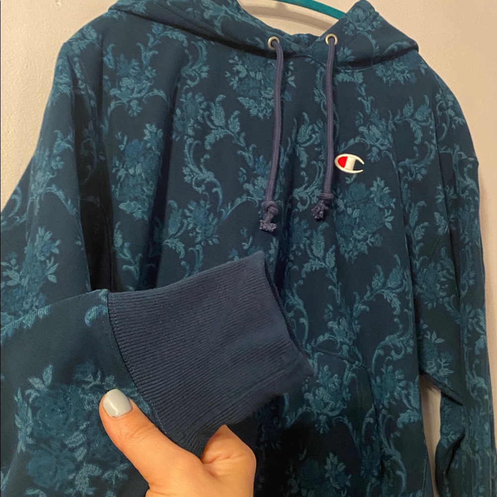 Champion Teal Patterned Hoodie Reverse Weave Medium Hoodie - Picture 5 of 7